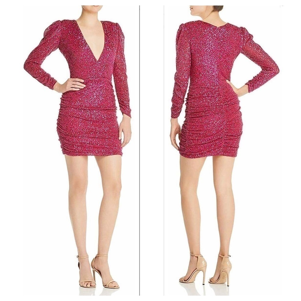 New Parker Dark Pink Arienne Sequinned Surplice Mini Dress US 6